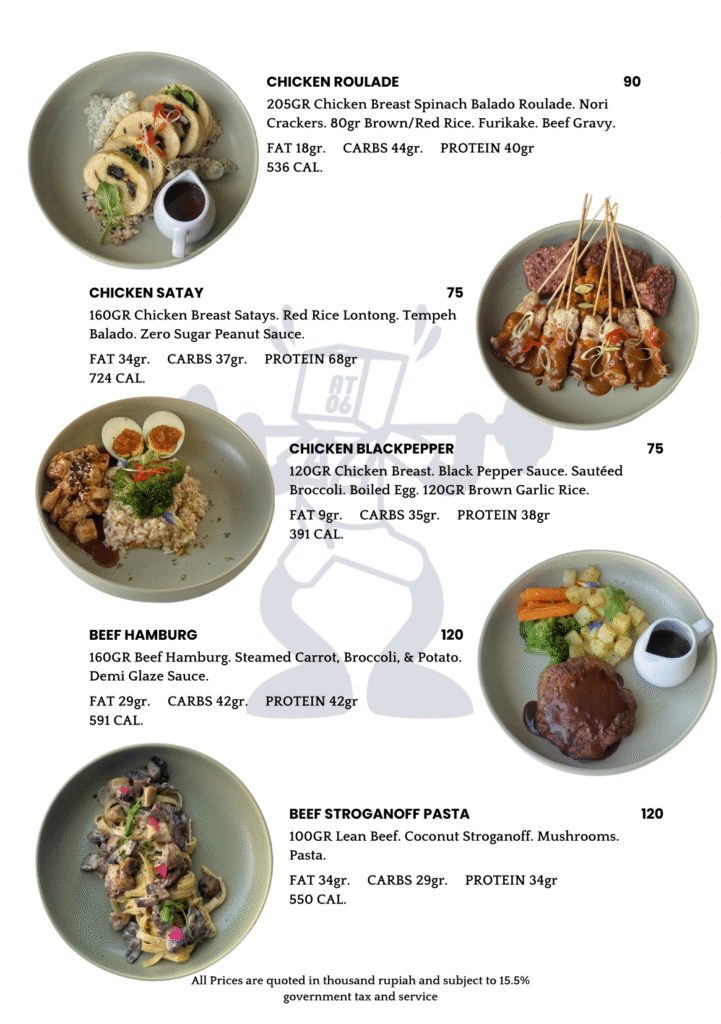 Post-workout high-protein healthy meals at AT 06 Canggu including chicken roulade, chicken satay, beef hamburg, and beef stroganoff pasta served for fitness enthusiasts.
