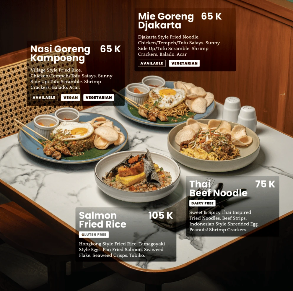 Nasi Goreng Kampoeng, Mie Goreng Djakarta, and Thai Beef Noodle served at AT 06 Canggu Bali