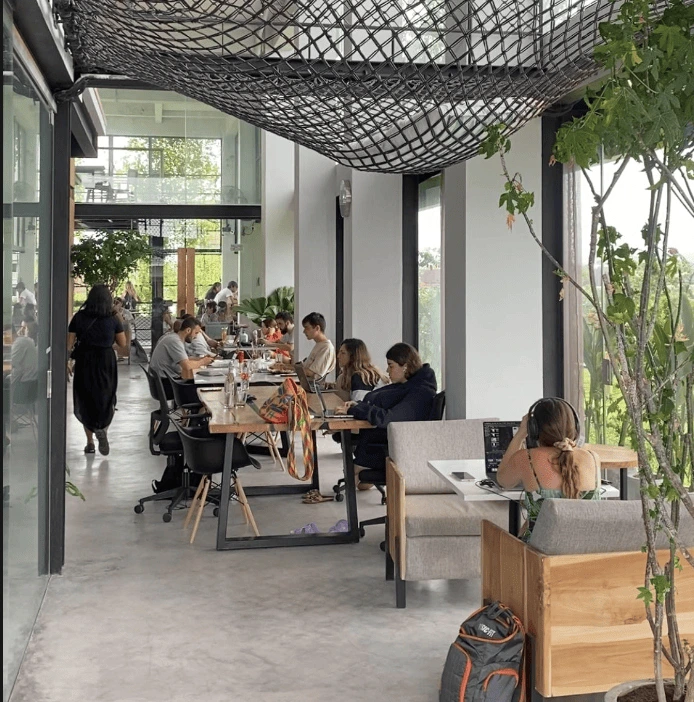 People working and dining inside AT06 Restaurant, featuring a bright interior with long communal tables, large windows, and lush greenery.