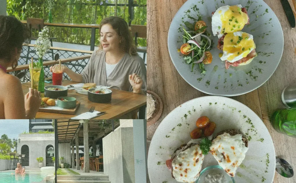 A collage of the at06 experience in Canggu, with friends dining, a man in the pool, and healthy fusion food, showcasing the community and wellness lifestyle in Bali.