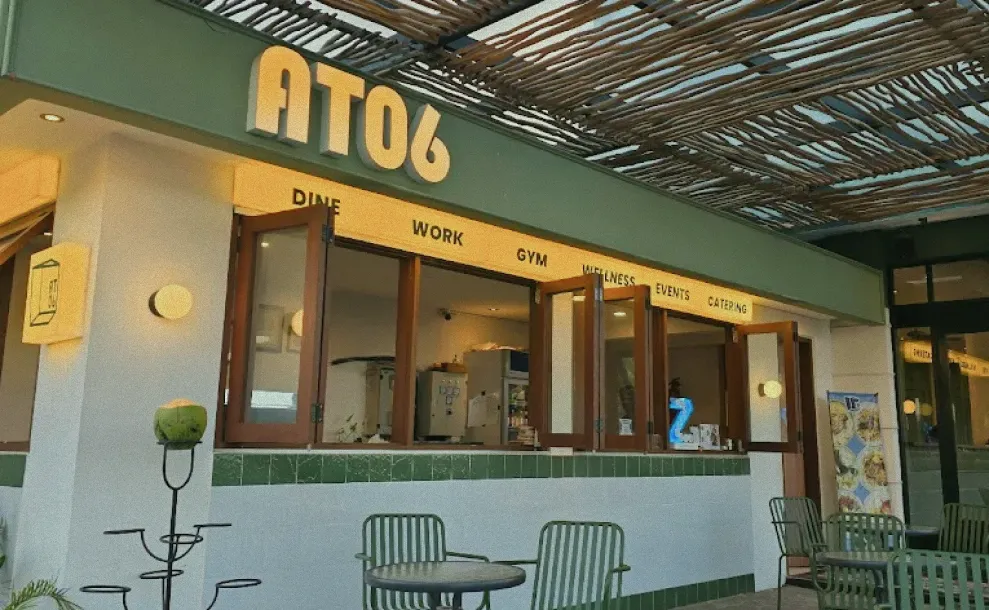 The storefront of at06 Bali, a locally-owned restaurant and wellness center in Canggu.