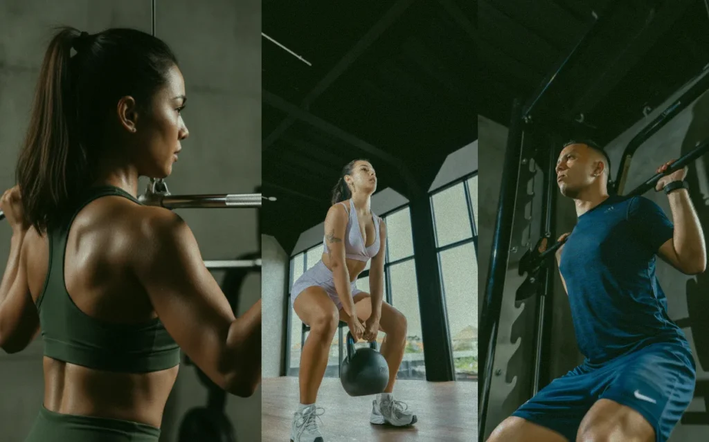 Diverse individuals engaged in strength training and various gym workouts at at06 in Canggu, promoting a healthy and active lifestyle.