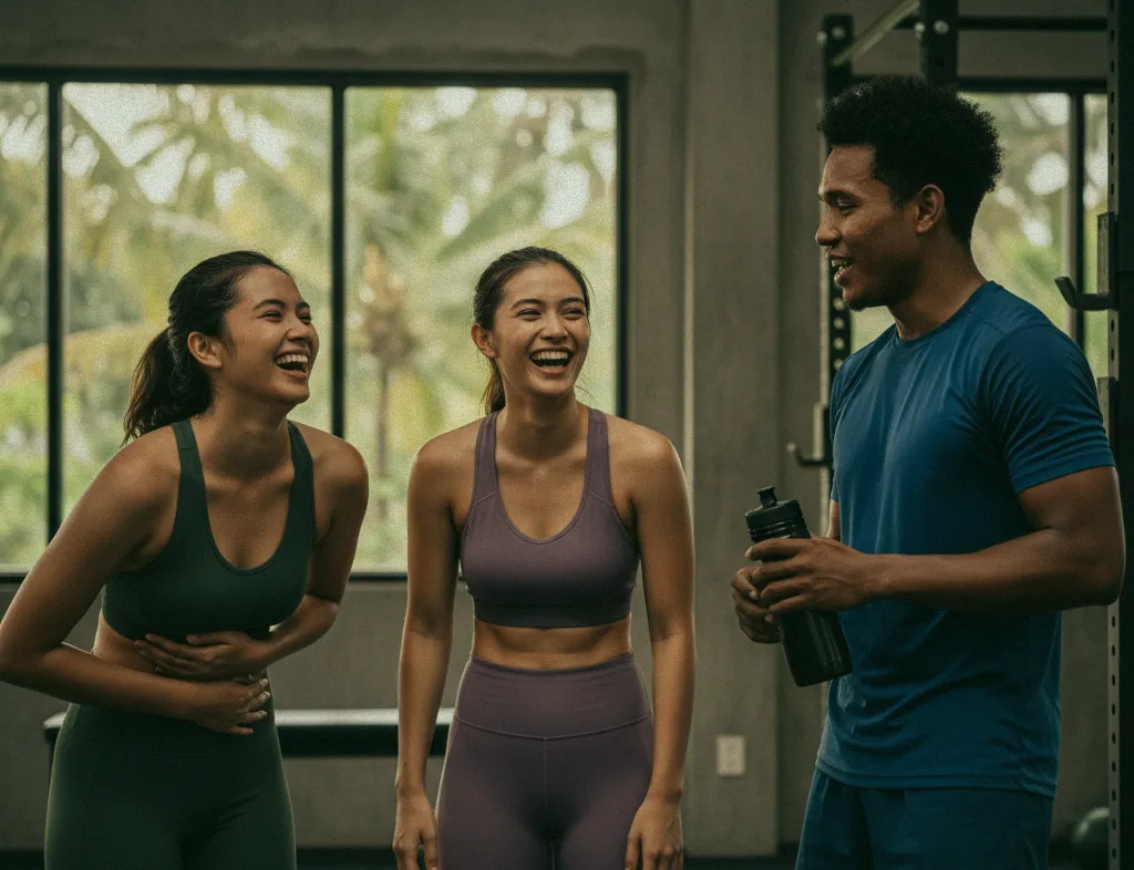 Friends laughing and enjoying a workout break at at06 gym in Canggu, Bali, fostering a strong fitness community.
