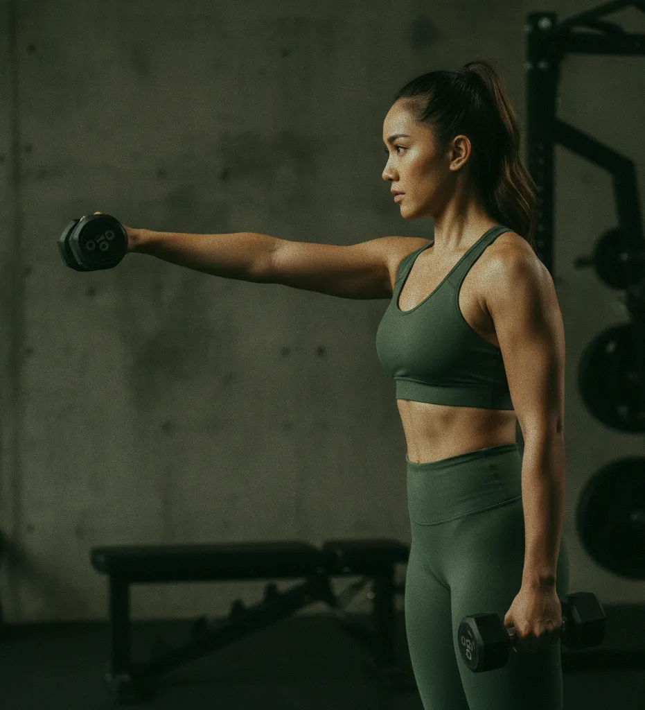 A woman performing dumbbell lateral raises at at06 gym in Canggu, focusing on strength and wellness.