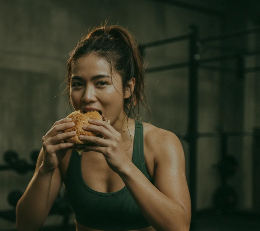 A woman in workout gear enjoying a delicious burger after a gym session at at06 in Canggu, Bali.