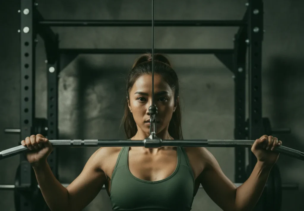 A woman performing lat pulldown exercise at at06 gym in Canggu, focusing on back strength and fitness.