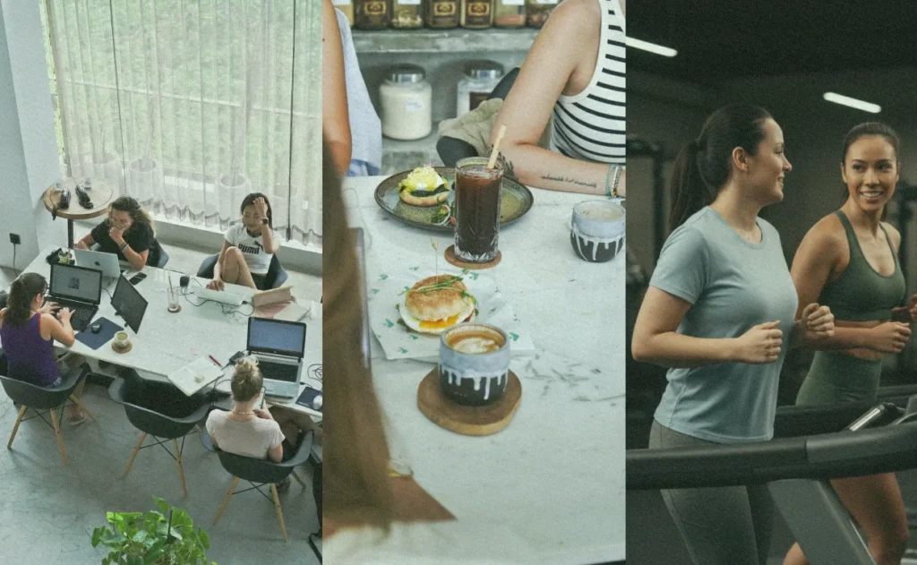 Digital Nomads Canggu: Why AT 06 Is Your Complete Lifestyle Hub 2 Digital nomads enjoying AT 06 Canggu's integrated lifestyle hub with coworking space, fusion restaurant, and gym facilities for remote work productivity