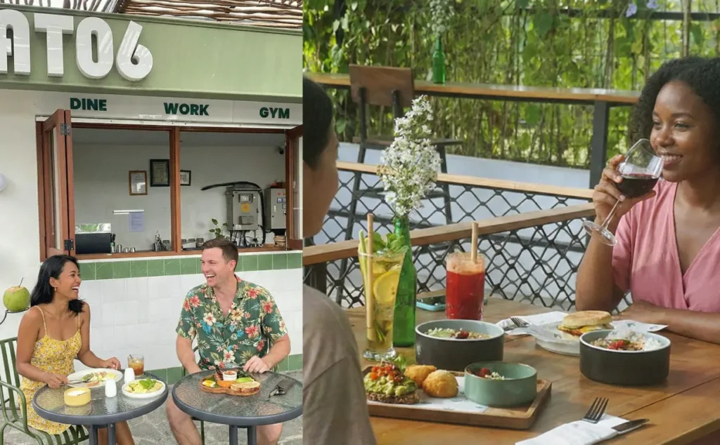 The Search for the Best Restaurants in Canggu Ends at AT 06 2 Couple dining and laughing outside AT 06 Canggu with Dine Work Gym signage, and a woman enjoying red wine at an outdoor table