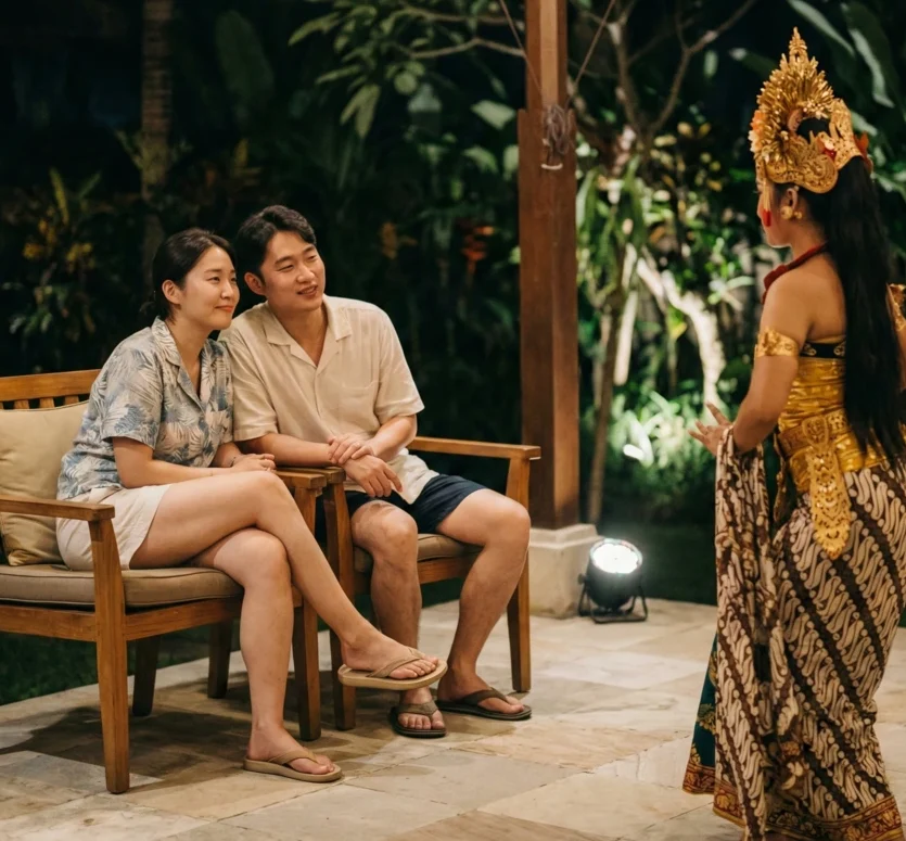 From Seoul to Canggu: Where Korean Hustle Meets Balinese Soul at AT 06 1 Korean couple sitting privately at night in Canggu watching a Balinese traditional dancer perform under warm lantern light in an intimate outdoor setting