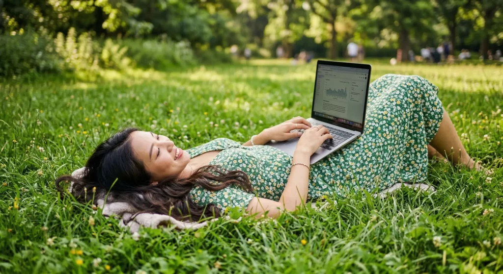 The Digital Nomad Ultimate Tools I Actually Use to Work From Bali 3 Woman laying on grass with a macbook on her lap as she prepares for her presentation